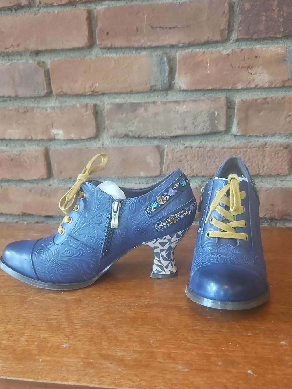 Blue Embossed Leather Heeled Oxfords with Mustard Laces